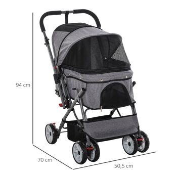 Poussette buggy pliable chien chat panier et sac de rangement attaches sécurité housse réglable poignée réversible acier Oxford gris chiné noir 3