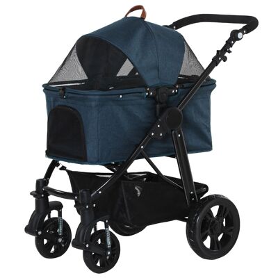 Foldable Buggy Stroller Dog Cat Shock Absorbers Storage Basket 2 Safety Clips Adjustable Cover Oxford Steel Dark Blue