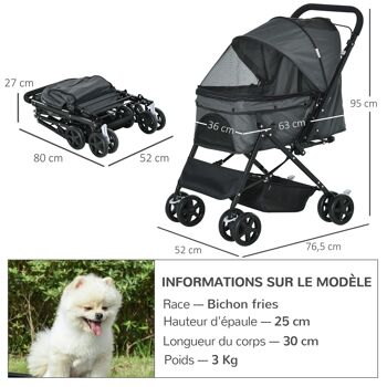 Poussette buggy pliable chien chat panier et sac de rangement attaches sécurité housse réglable poignée réglable acier Oxford 3