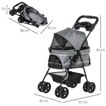 Poussette buggy pliable chien chat panier rangement porte-gobelets tissu 300D Oxford imperméable 4 roues gris 3