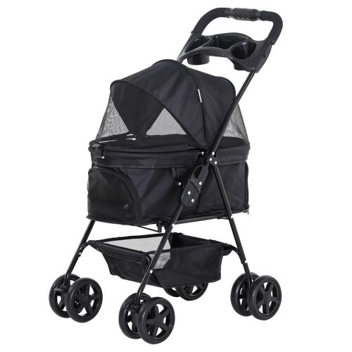 Poussette buggy pliable chien chat panier rangement porte-gobelets tissu 300D Oxford imperméable 4 roues noir