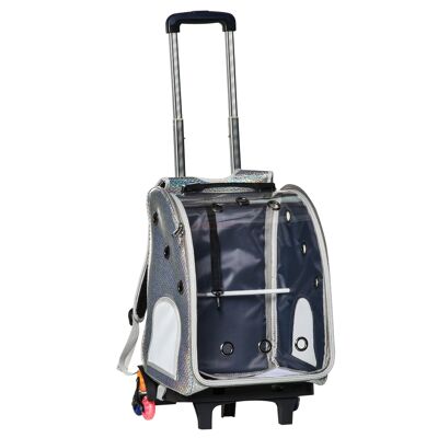 Trolley mochila trolley con ruedas 2 en 1 para perro gato asa telescópica Ruedas de 6 estrellas cojín y clip incluidos Oxford estampado escamas grises brillantes