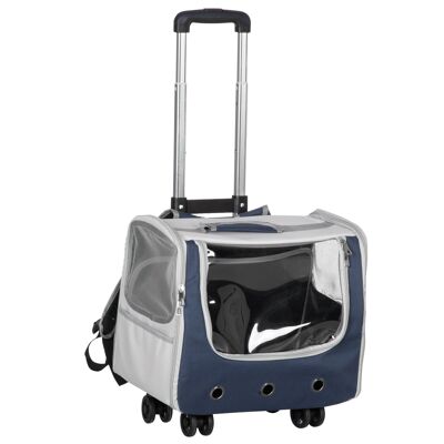 Zaino porta borsa trolley a mano trolley su ruote 3 in 1 per cane gatto - pieghevole, ruote, manico telescopico, portaoggetti - grigio blu