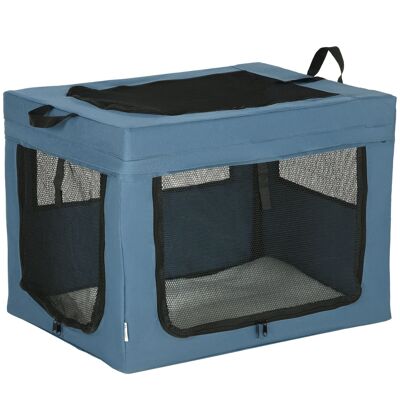 Foldable transport bag for dog cat - 2 handles, 3 doors - dim. 69L x 51W x 51H cm - blue polyester steel