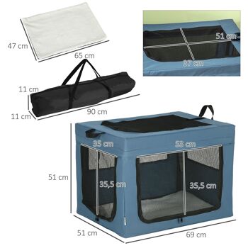 Sac de transport pliable pour chien chat - 2 poignées, 3 portes - dim. 69L x 51l x 51H cm - acier polyester bleu 3