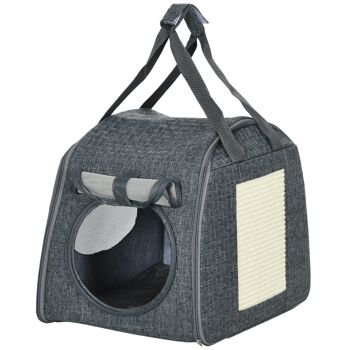 Sac de transport pliable pour chien chat - poignée, grattoir - dim. 40,5L x 29l x 34H cm - MDF PVC tissu aspect lin vert de gris 1