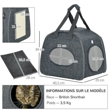 Sac de transport pliable pour chien chat - poignée, grattoir - dim. 40,5L x 29l x 34H cm - MDF PVC tissu aspect lin vert de gris 3