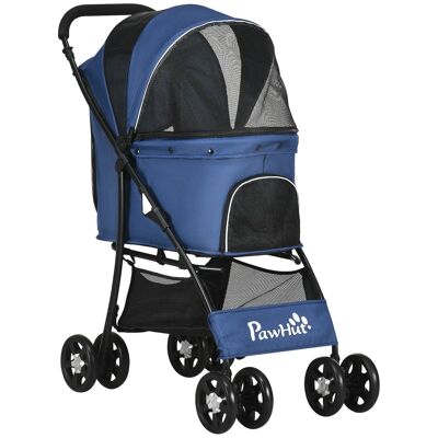 Foldable stroller for dog cat - 4 double wheels, 2 brakes, attachment, cushion included - blue Oxford steel