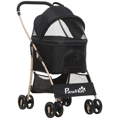 Collapsible stroller for dog cat removable carrycot 2 in 1 - 4 double wheels, 2 brakes - black Oxford steel