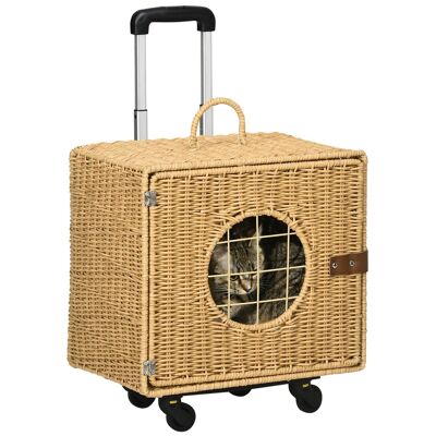 Transport crate for cats - 4 wheels, telescopic handle, handle, window, cushion - woven resin rattan look