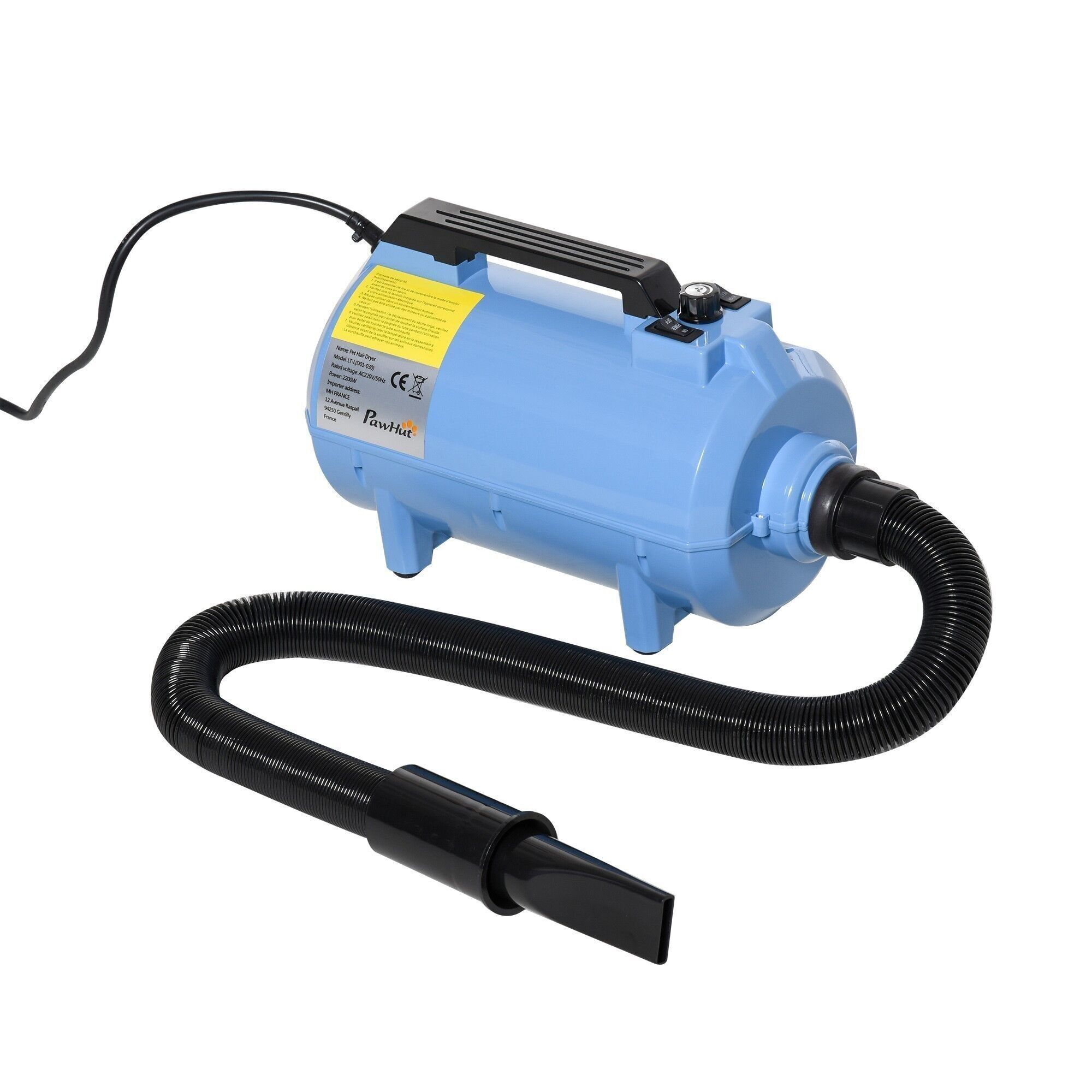 Asciugacapelli PawHut Asciugacapelli per cani e gatti 2200W - Velocità regolabile in temperatura - 3 ugelli - Blu