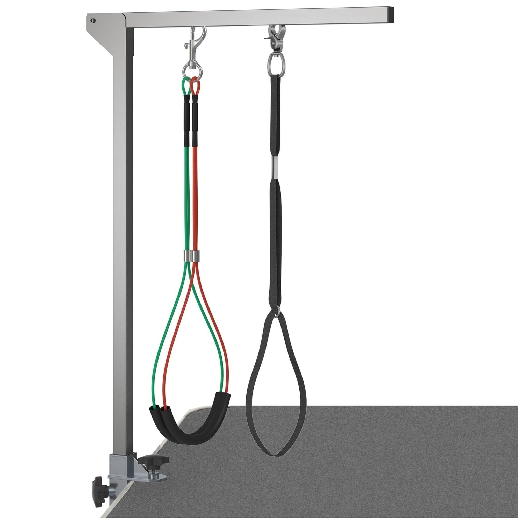 Braccio pieghevole per la toelettatura degli animali domestici - altezza regolabile max. 74 cm - 3 pinze - cane taglia media - alu. acciaio inossidabile.