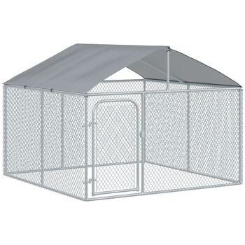 Chenil extérieur avec toit pour chien 5 m² - parc grillagé 230 x 230 x 175 cm - espace couvert - acier galvanisé 1