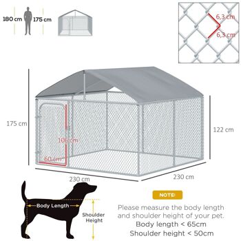 Chenil extérieur avec toit pour chien 5 m² - parc grillagé 230 x 230 x 175 cm - espace couvert - acier galvanisé 3