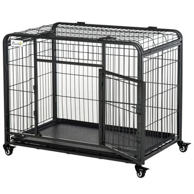 Foldable dog cage transport cage on wheels 2 lockable doors removable tray dim. 94L x 58W x 69H cm black gray metal