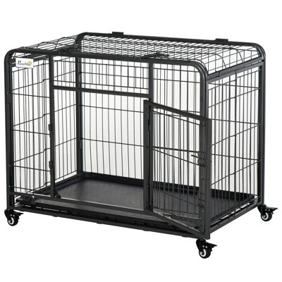 Gabbia per cani pieghevole Gabbia per il trasporto su ruote 2 porte con serratura Vassoio rimovibile Dim. 94L x 58L x 69A cm Nero Grigio Metallo