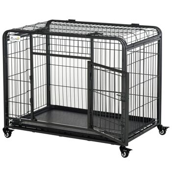 Cage pour chien pliable cage de transport sur roulettes 2 portes verrouillables plateau amovible dim. 94L x 58l x 69H cm métal gris noir 1