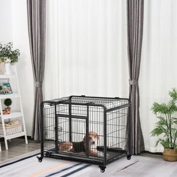 Cage pour chien pliable cage de transport sur roulettes 2 portes verrouillables plateau amovible dim. 94L x 58l x 69H cm métal gris noir 2
