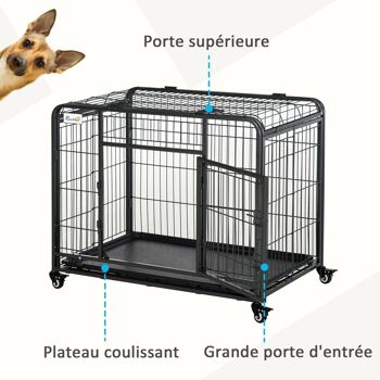 Cage pour chien pliable cage de transport sur roulettes 2 portes verrouillables plateau amovible dim. 94L x 58l x 69H cm métal gris noir 4