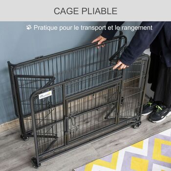 Cage pour chien pliable cage de transport sur roulettes 2 portes verrouillables plateau amovible dim. 94L x 58l x 69H cm métal gris noir 5