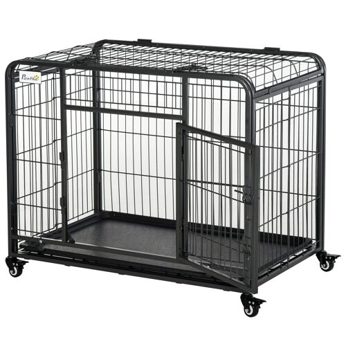Cage pour chien pliable cage de transport sur roulettes 2 portes verrouillables plateau amovible dim. 125L x 76l x 81H cm métal gris noir