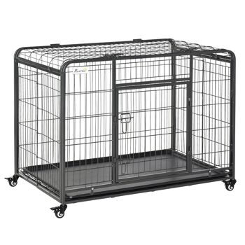 Cage pour chien pliable cage de transport sur roulettes 2 portes verrouillables plateau amovible dim. 109,5L x 71l x 78H cm métal gris noir 1