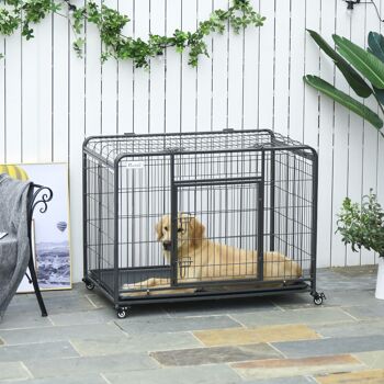 Cage pour chien pliable cage de transport sur roulettes 2 portes verrouillables plateau amovible dim. 109,5L x 71l x 78H cm métal gris noir 2