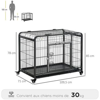 Cage pour chien pliable cage de transport sur roulettes 2 portes verrouillables plateau amovible dim. 109,5L x 71l x 78H cm métal gris noir 3