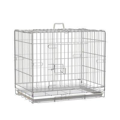 Foldable dog cage - sliding excrement tray - 2 lockable doors, handle - dim. 61L x 43W x 50H cm - white PP galvanized iron
