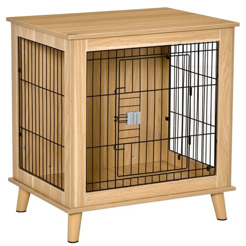 Cage pour chien sur pied style scandinave - dim. 73L x 55l x 78H cm - porte verrouillable - acier noir panneaux particules aspect bois clair