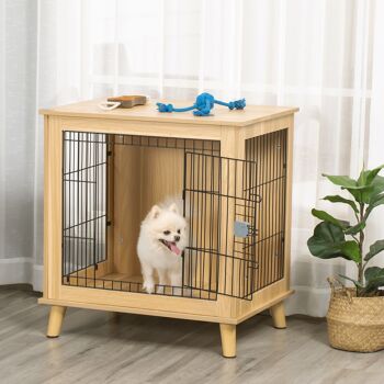 Cage pour chien sur pied style scandinave - dim. 73L x 55l x 78H cm - porte verrouillable - acier noir panneaux particules aspect bois clair 2