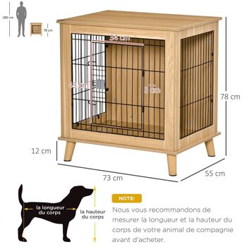 Cage pour chien sur pied style scandinave - dim. 73L x 55l x 78H cm - porte verrouillable - acier noir panneaux particules aspect bois clair 3