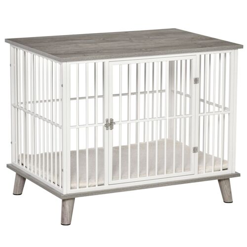 Cage pour chien animaux sur pied - dim. 86L x 60l x 70H cm - grand coussin peluche courte inclus - porte verrouillable - acier blanc panneaux particules aspect bois gris