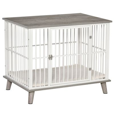 Cage for dogs animals on foot - dim. 86L x 60W x 70H cm - large short plush cushion included - lockable door - white steel particle panels gray wood look