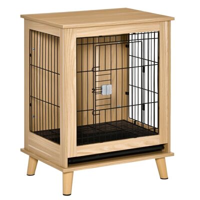 Scandinavian style free-standing dog cage - dim. 64L x 48W x 83H cm - lockable door, sliding waste tray - black steel particleboard panels with light wood look