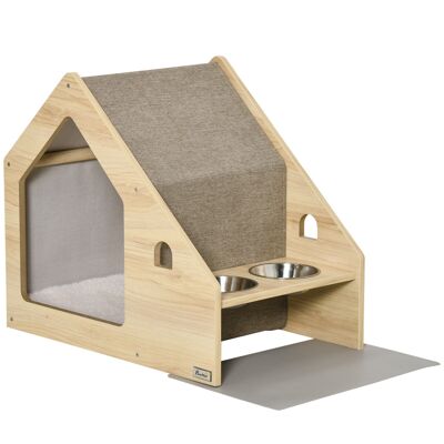 Design Hunde- und Katzenhütte für den Innenbereich mit 2 Näpfen und abnehmbarem Kissen aus hellbraunem MDF-Stoff in heller Holzoptik