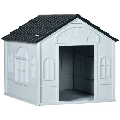 Caseta para perros estilo cabaña Dimensiones 65L x 75W x 63H cm - ventana, puerta, patrones de ventilación - PP gris blanco