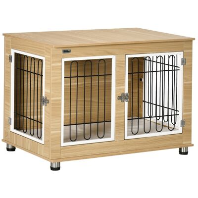 Cage pour chien sur pied - 2 portes verrouillables, coussin déhoussable inclus - acier filaire noir panneaux aspect bois clair