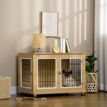 Cage pour chien sur pied - 2 portes verrouillables, coussin déhoussable inclus - acier filaire noir panneaux aspect bois clair 2
