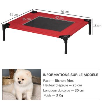 Lit surélevé pour chien chat dim. 76L x 61l x 18H cm avec sac métal époxy tissu oxford textilène micro-perforé rouge noir 3