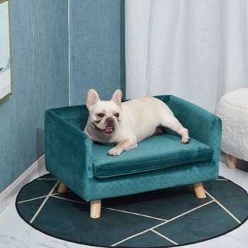 Canapé chien lit pour chien design scandinave coussin moelleux pieds bois massif dim. 64 x 45 x 36 cm velours bleu canard 4