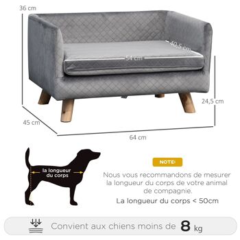 Canapé chien lit pour chien design scandinave coussin moelleux pieds bois massif dim. 64 x 45 x 36 cm velours gris 3