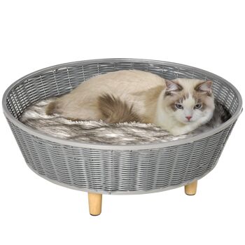 Canapé chien lit pour chien panier chat design scandinave avec coussin aspect fourrure dim. Ø 60 x 23,5H cm pieds bois pin résine tressée gris 5