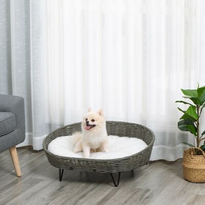 Cozy chic style dog cat sofa with white fur-like cushion - steel hairpin legs - dim. 76L x 59W x 32H cm - gray woven resin