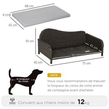 Canapé méridienne chien chat style cosy chic - usage intérieur/extérieur - coussin déhoussable inclus résine tressée gris 3