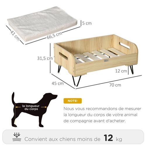 Canapé chien chat style cosy naturel avec coussin aspect fourrure blanc dim. 70L x 45l x 31,5H cm pieds acier en épingles lit MDF aspect bois clair naturel