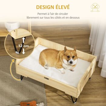 Canapé chien chat style cosy naturel avec coussin aspect fourrure blanc dim. 70L x 45l x 31,5H cm pieds acier en épingles lit MDF aspect bois clair naturel 3