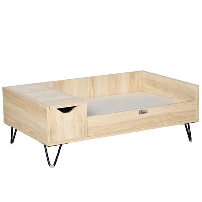 Sofá para perros y gatos de estilo acogedor natural - Cojín con efecto de piel blanca y caja incluida - Dimensiones 89L x 56W x 31H cm - Patas de acero en forma de horquilla Cama de MDF con aspecto de madera clara natural