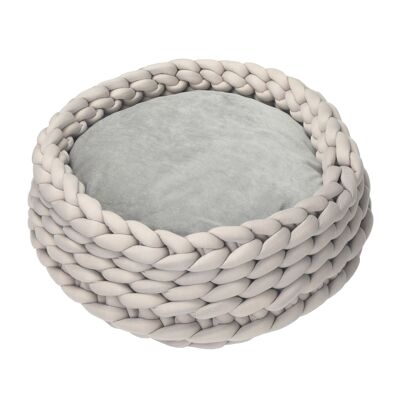 Dog cat basket Ø50 x 19H cm braided knit effect - removable and machine washable cushion - gray polyester