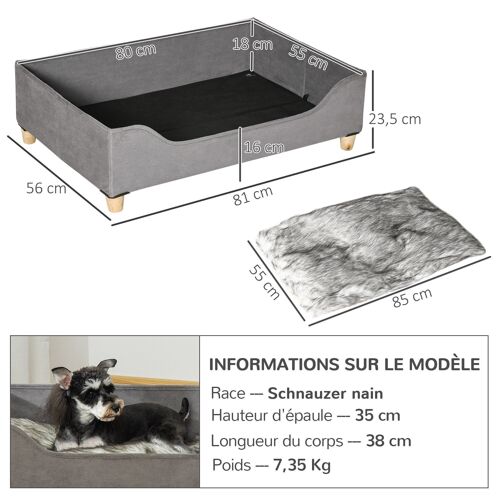 Canapé lit panier pour chien moderne avec coussin doux et lavable, pieds en bois - gris